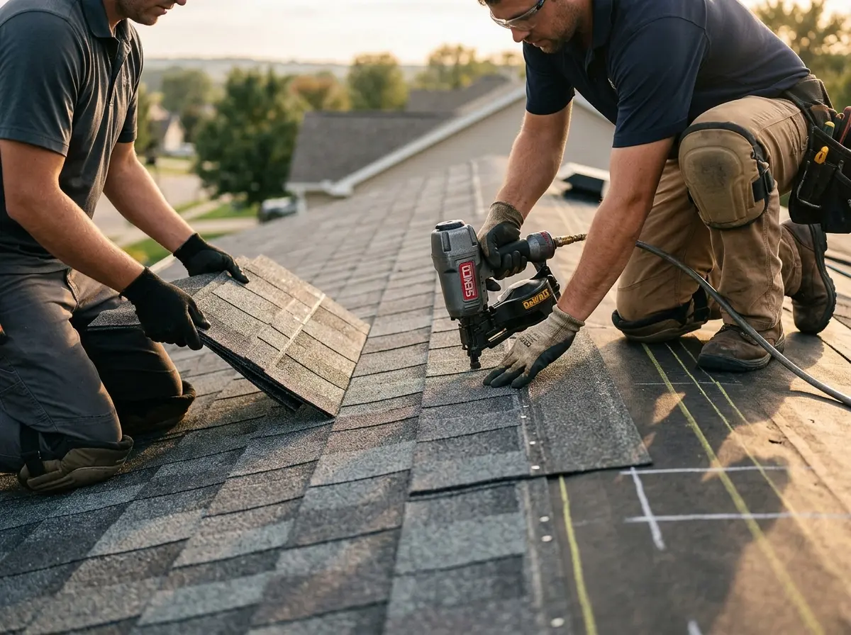 Professional roofer working on a residential roof in Edinburg